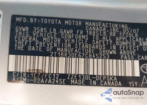 2007 Toyota Corolla S z USA, uszkodzony, nr VIN 2T1BR30E67C845253